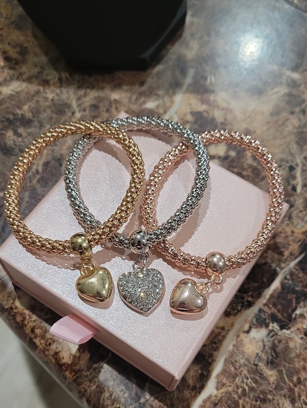 Three-Pack Heart Charm Stretch Bracelets - Gold, Silver, Rose Gold